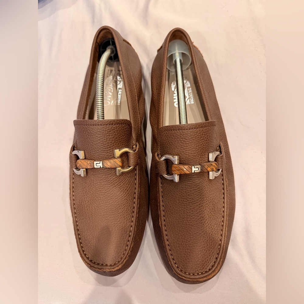 Salvatore Ferragamo Brown Leather Loafers with Gold Accents